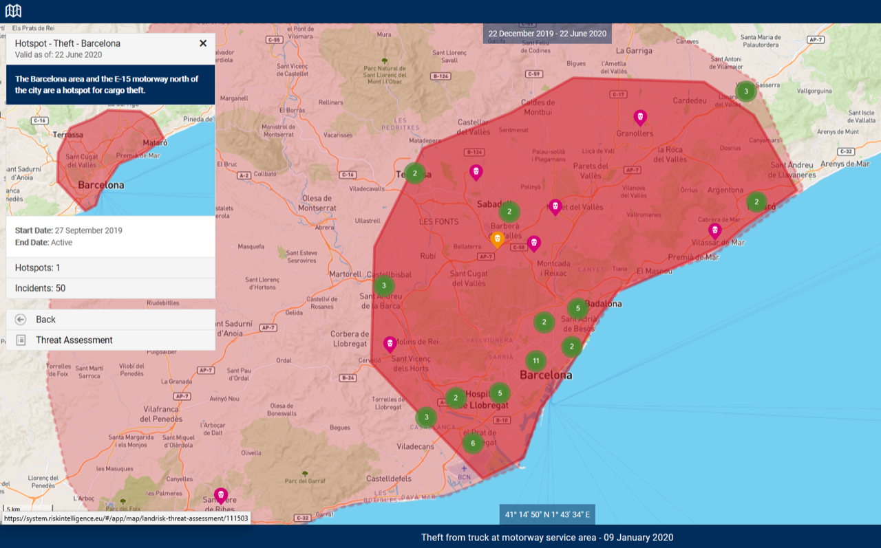 Map of Barcelona high risk cargo theft area